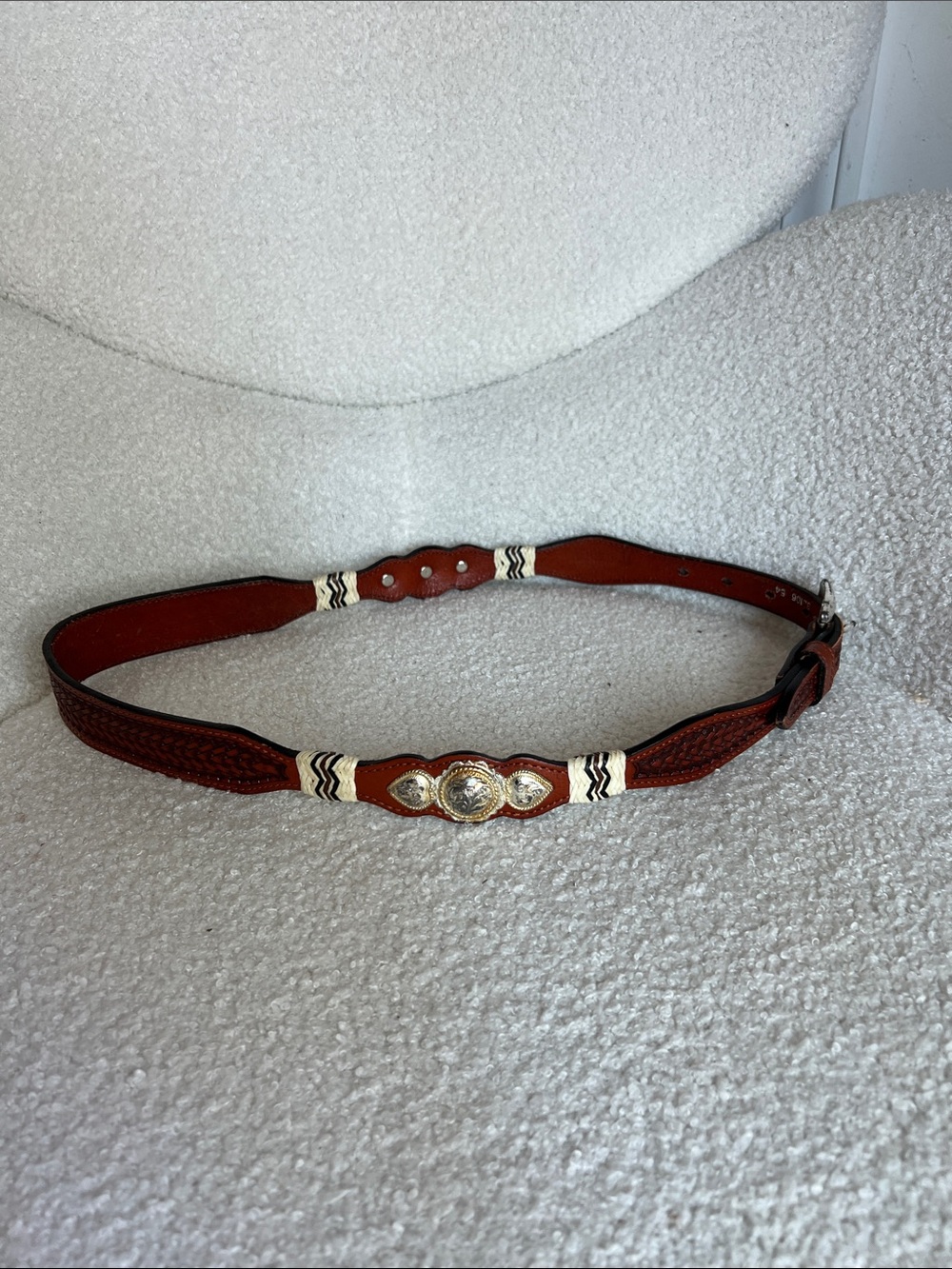 Braided Brown Leather Belt with Decorative Silver Conchos - Picture 2 of 4